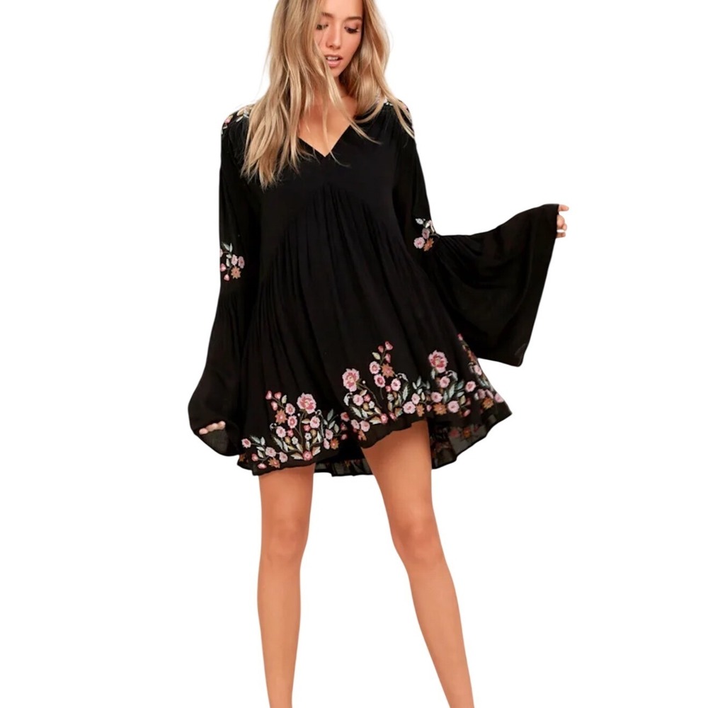 Free People Te Amo Black Embroidered Babydoll Mini Dress Size Sm Black Boho